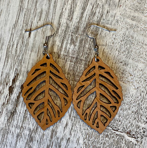 Single Leaf Wood Drop Earrings